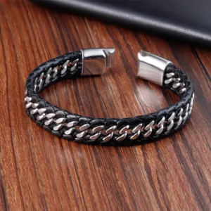 Bracelet Maille du Rempart — Acier et Cuir Noir