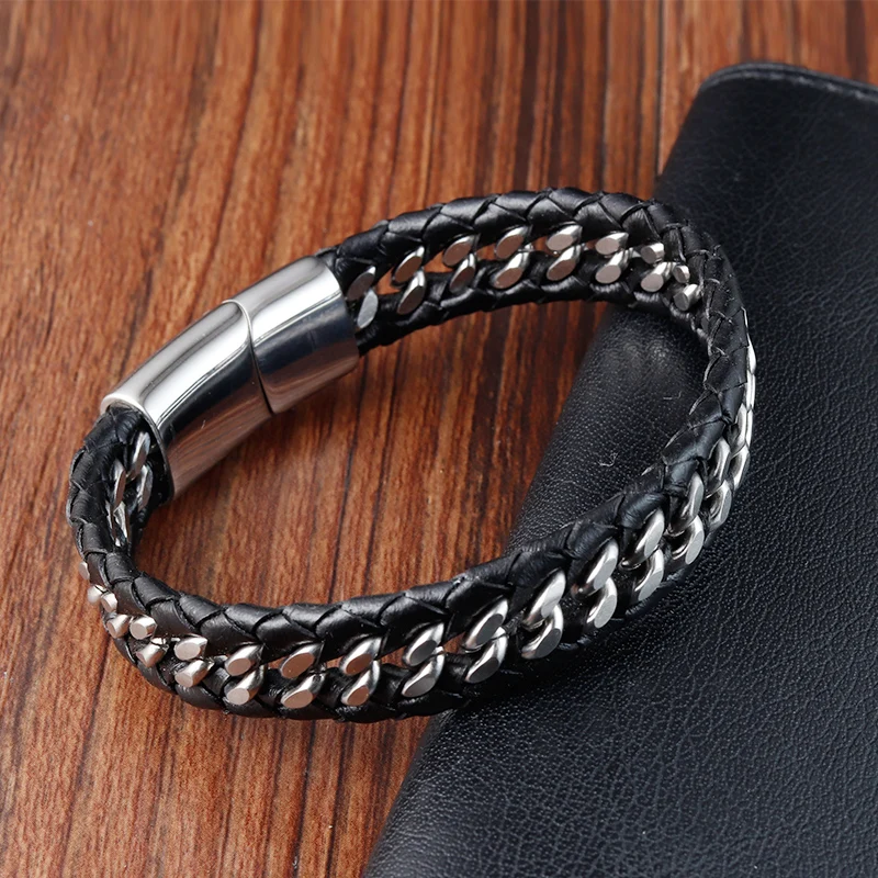 Bracelet Maille du Rempart — Acier et Cuir Noir – Image 2